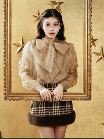 darich 스터드 시어 보타이 블라우스