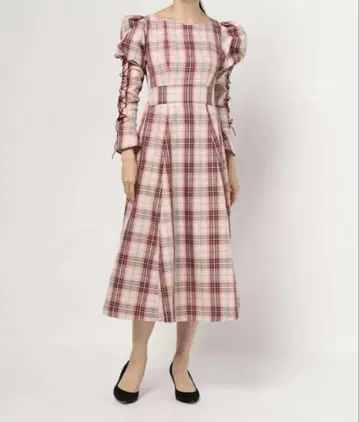 Maison de FLEUR 레이스업 슬리브 드레스 체크 무늬 S 사이즈