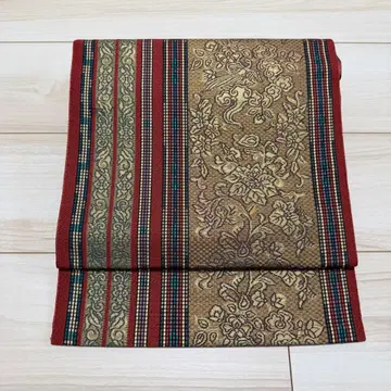 순수 실크 나고야 오비(약 24cm) 하카타 오리 줄무늬 패턴