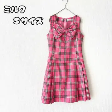 밀크 슬리브리스 원피스 핑크 체크 빅 리본 걸리시 일본제