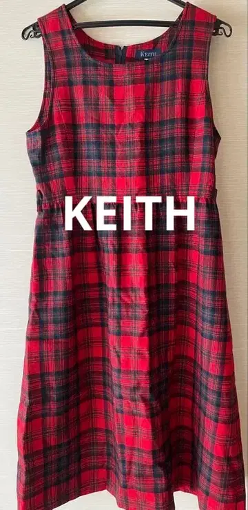 KEITH 키이스 슬리브리스 빨간색 짙은 녹색 울 체크 롱 원피스 M