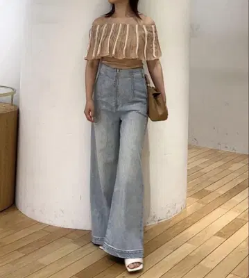 러그문 프론트 지퍼 데님 배기 팬츠