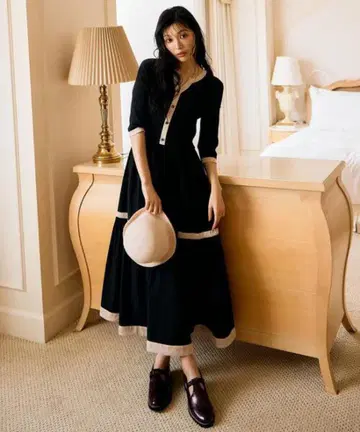 라메 믹스 배색 가디건풍 도킹 원피스