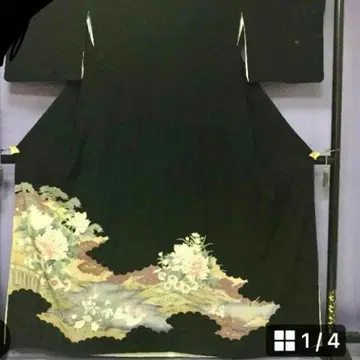 블랙 전통 예복 기모노 꽃무늬 자수 실크