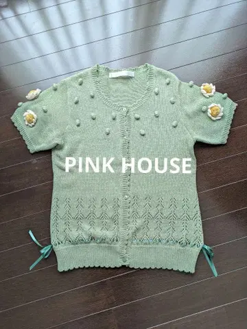 PINK HOUSE 핑크하우스 민트색 가디건 반팔 꽃 모티브 포함