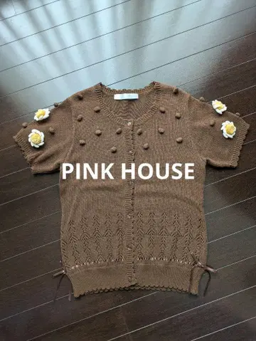 PINK HOUSE 핑크하우스 브라운 계열 가디건 반팔 꽃 모티브 부착