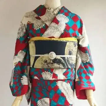 시게무네 타마오 비둘기 패턴 폴리에스테르 코몬 빨간색 x 청록색
