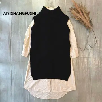 AIYISHANGFUSHI 블랙 니트 아이보리 셔츠 세트 M