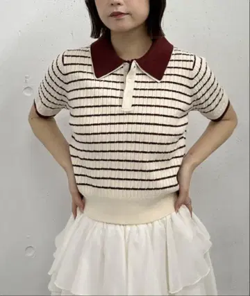 archives 스트라이프 폴로 니트 반팔 아이보리/보르도