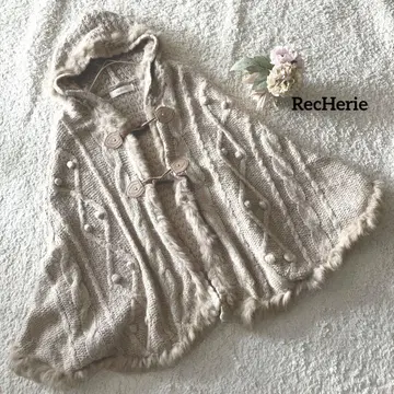 RecHerie 후드 부착 니트 판초 M 베이지 인기