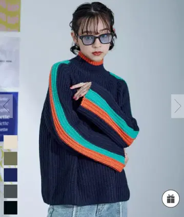 miette 미 배색 라인 니트 네이비 하이넥