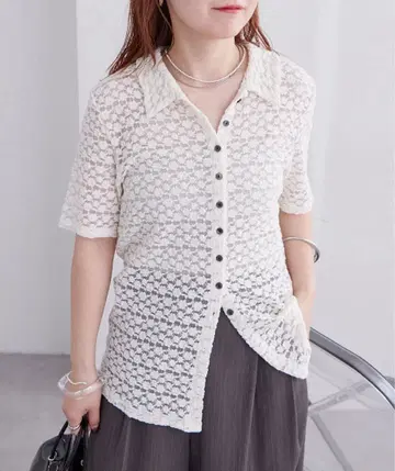 미사용 새상품 mystic 카라 달린 레이스 반팔 가디건 베이지