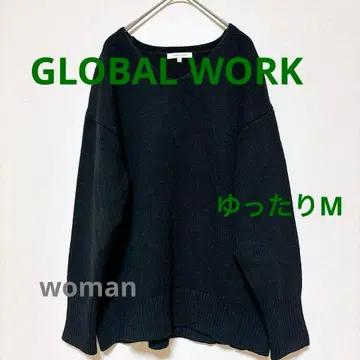 GLOBAL WORK V넥 니트 스웨터 블랙 M 여성용 루즈핏