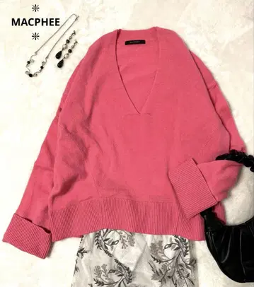 [ MACPHEE ] V넥 울 니트 스웨터 핑크색 루즈핏