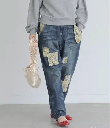 레이스 데님 레이스 패치워크 데님 팬츠