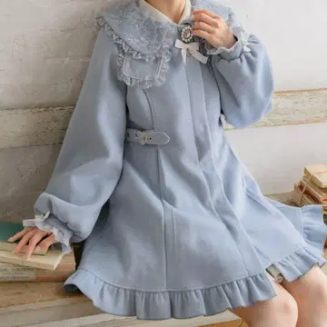 페더 레이스 리본 카라 코트 (블루) ROJITA 코트 귀여운