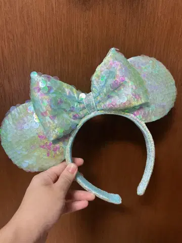 미키 모양 머리띠 청록색 라메 믹스