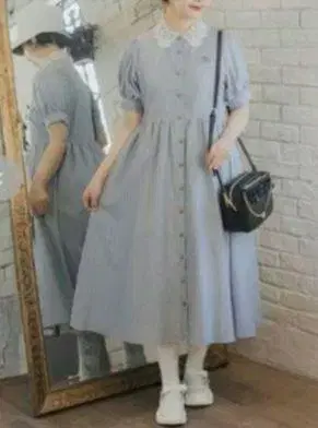 택 포함 새상품 아오키 미사코 콜라보 레이스 카라 스트라이프 셔츠 원피스