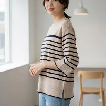 any sis 보더 골드 버튼 베이지 여성용 니트 슬릿