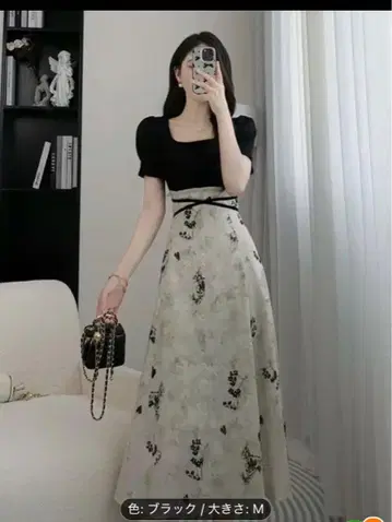 새상품 플레어 롱 스커트 블랙 M 꽃무늬