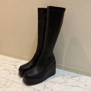 R&E 스퀘어 토 통굽 웨지솔 롱 부츠 M 사이즈