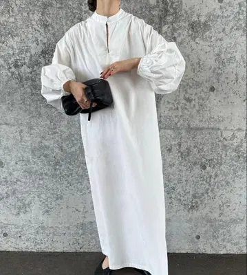라탄 슬리브 코튼 롱 원피스