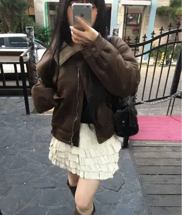 anyonemore 인조 가죽 프릴 티어드 미니 스커트