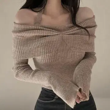 GRL 홀터넥 오프숄더 리브 니트탑[th006] 베이지