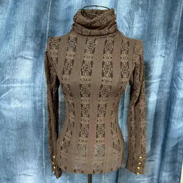 전체 레이스 티셔츠 터틀넥 골드 버튼 페어리 그런지 긴팔