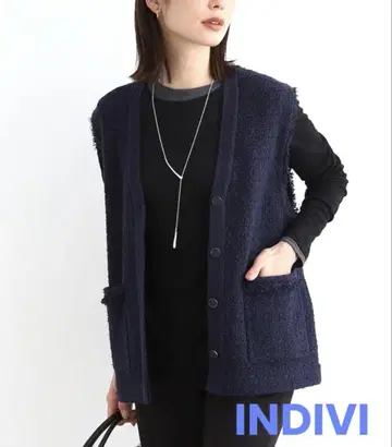 INDIVI 트위드 니트 베스트 프론트 버튼 포켓 부착 네이비