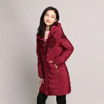 데시구알 Desigual 빨간색 자수 후드 부착 롱 코트