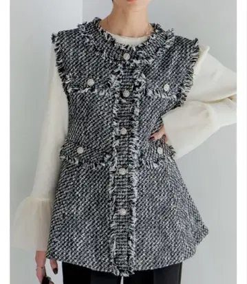 새상품 트위드 프린지 페플럼 베스트 리디