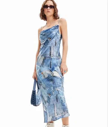 Desigual 데님 패턴 맥시 슬립 드레스