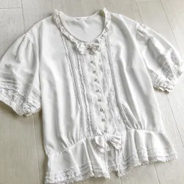 카네코 이사오 핀턱 레이스 리본 화이트 폴리 블라우스