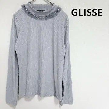 GLISSE 프릴 긴팔 상의 레이스 비즈 리브 화려함 고급 L