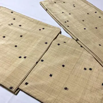 순수 실크  직물 기모노 이중 기모노 밀짚색 격자 무늬