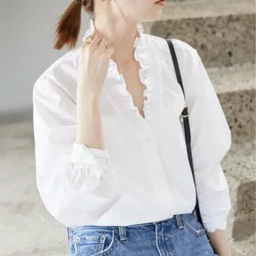 택 포함 새상품 SLOBE IENA V넥 스탠드 프릴 블라우스 화이트