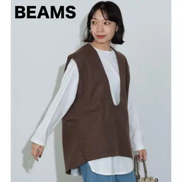 미사용 BEAMS HEART 니트 베스트 롱 T 세트 브라운 프리