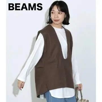 미사용 BEAMS HEART 니트 베스트 롱 T 세트 브라운 프리