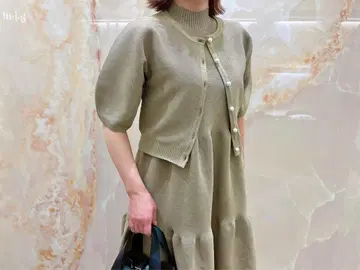 엠프리미어 펄 버튼 코쿤 슬리브 반팔 숏 가디건