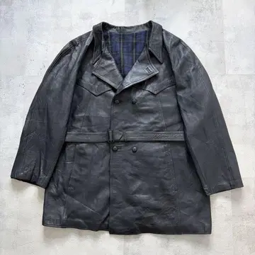 유로 빈티지 더블 브레스트 가죽 카 코트 모터사이클 블랙