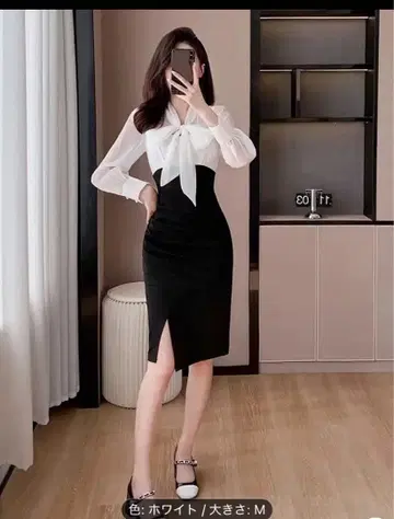 새상품 리본 포함 긴팔 무릎 기장 원피스 M