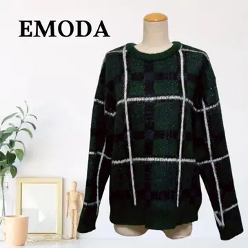 zB1088 [ F ] EMODA 크루넥 타탄 체크 니트 로우 게이지