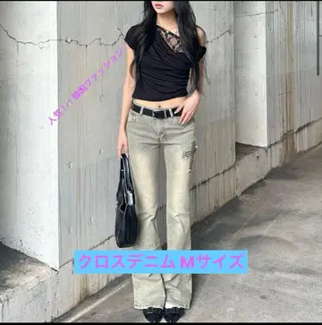 [ 새상품 ] 크로스 디자인 플레어 데님 여성용 한국 Y2K 부츠