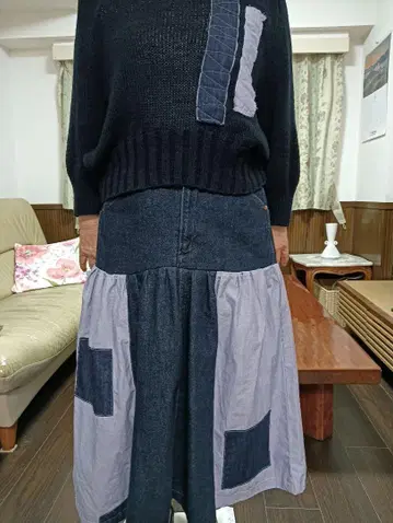 리 의 데님 리메이크 패치워크 롱 스커트 셋업