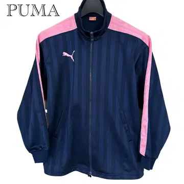 PUMA 저지 겉옷 빅 로고 네이비 줄무늬 x 핑크 SS 여성용 L 상당