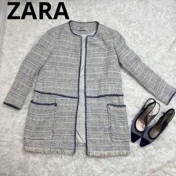 ZARA 노카라 자켓 트위드 화이트 네이비