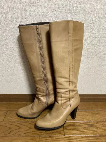 베이지 가죽 롱 부츠 지퍼 브라운 가죽 천연 가죽 부츠