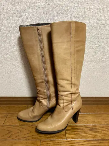 베이지 가죽 롱 부츠 지퍼 브라운 가죽 천연 가죽 부츠