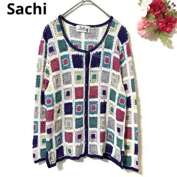 Sachi 가디건 7부 소매 긴팔 스퀘어 패턴 멀티 컬러 크로셰 뜨개질